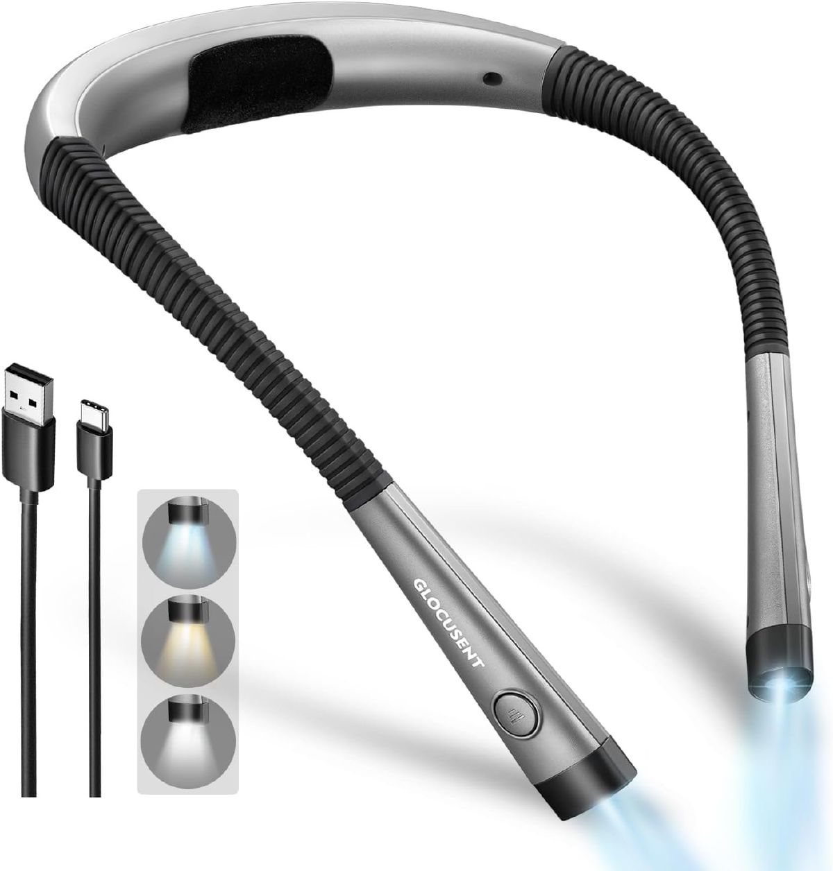 Glocusent LED neck reading light with adjustable arms and USB-C charging for hands-free bedtime reading