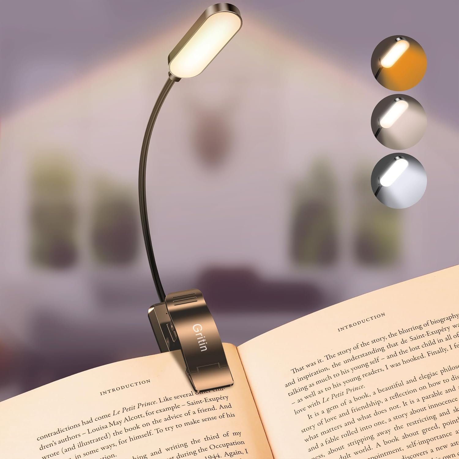 Gritin 16 LED compact clip-on book light with USB-C charging for portable bedside reading