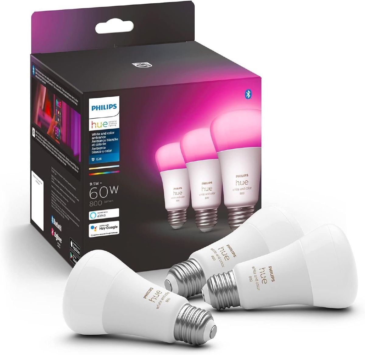 Philips Hue White and Color Ambiance A19 smart bulb with color changing capabilities for bedroom lighting