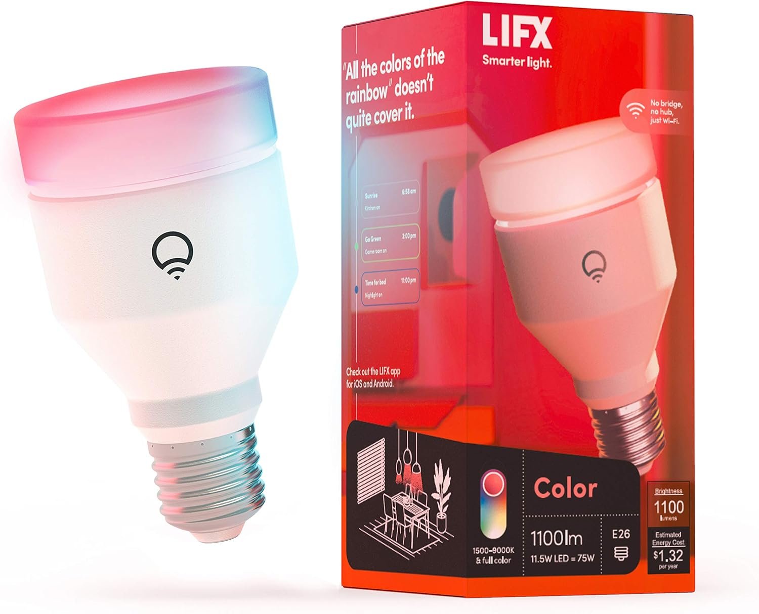 LIFX Color A19 smart bulb with 1100 lumens bright color performance for bedroom