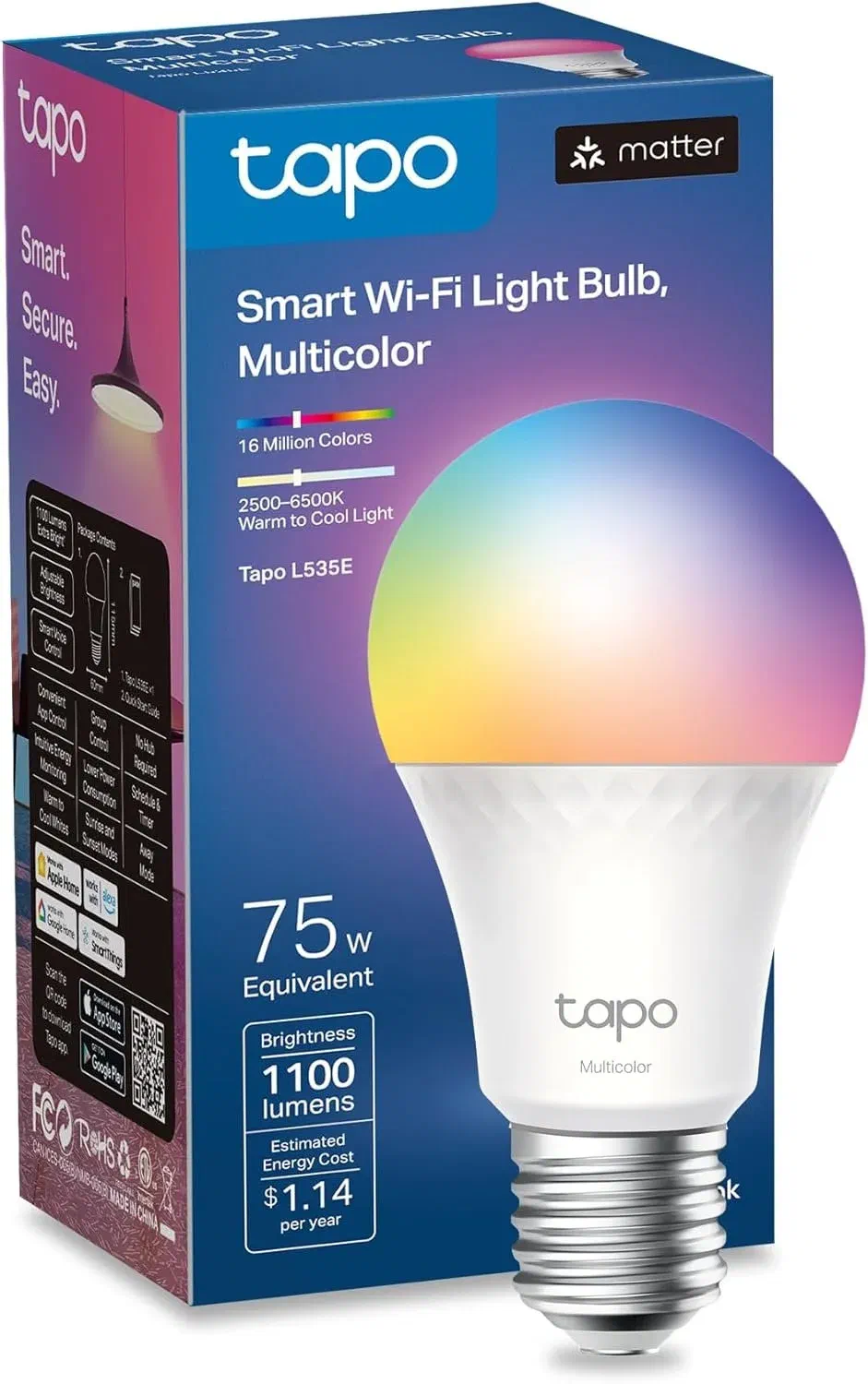 TP-Link Tapo L535E Matter compatible smart bulb with 1100 lumens for bedroom