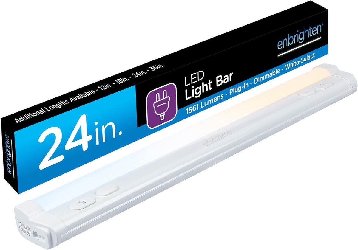 Enbrighten 24-inch plug-in LED under-cabinet light bar with slim aluminum housing and power cord.