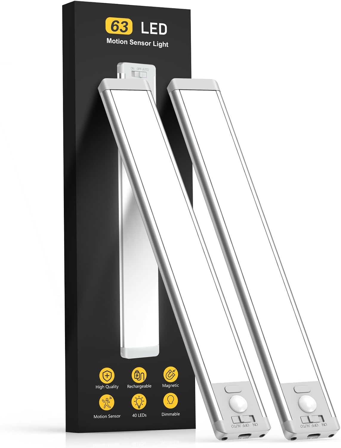 Two rechargeable magnetic motion-sensor puck lights mounted under a cabinet, USB-C charging port visible.