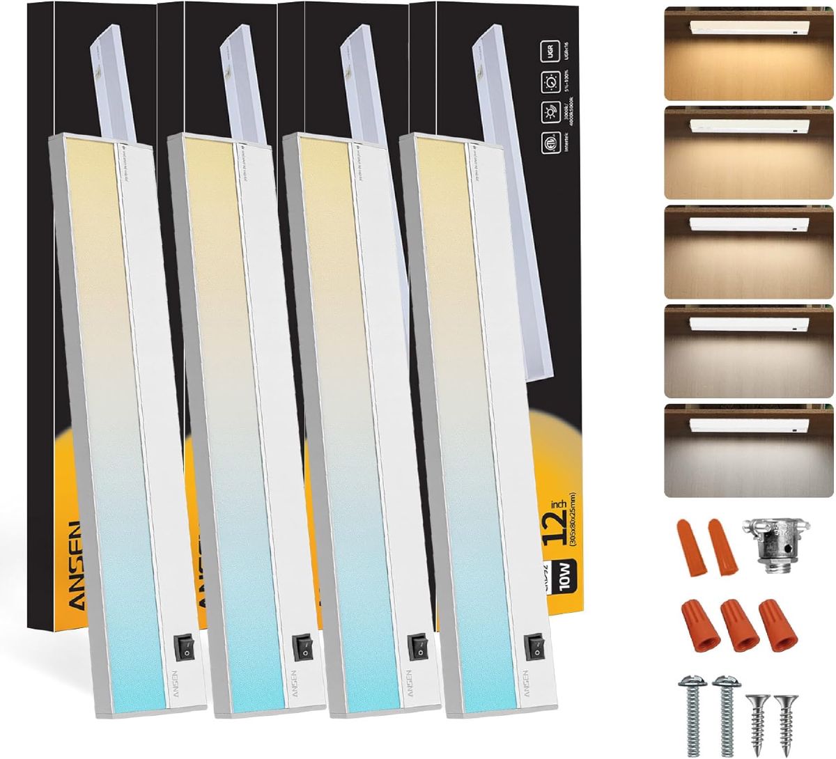Four-pack of hardwired dimmable under-cabinet LED light fixtures with selectable color temperature and linking cables.