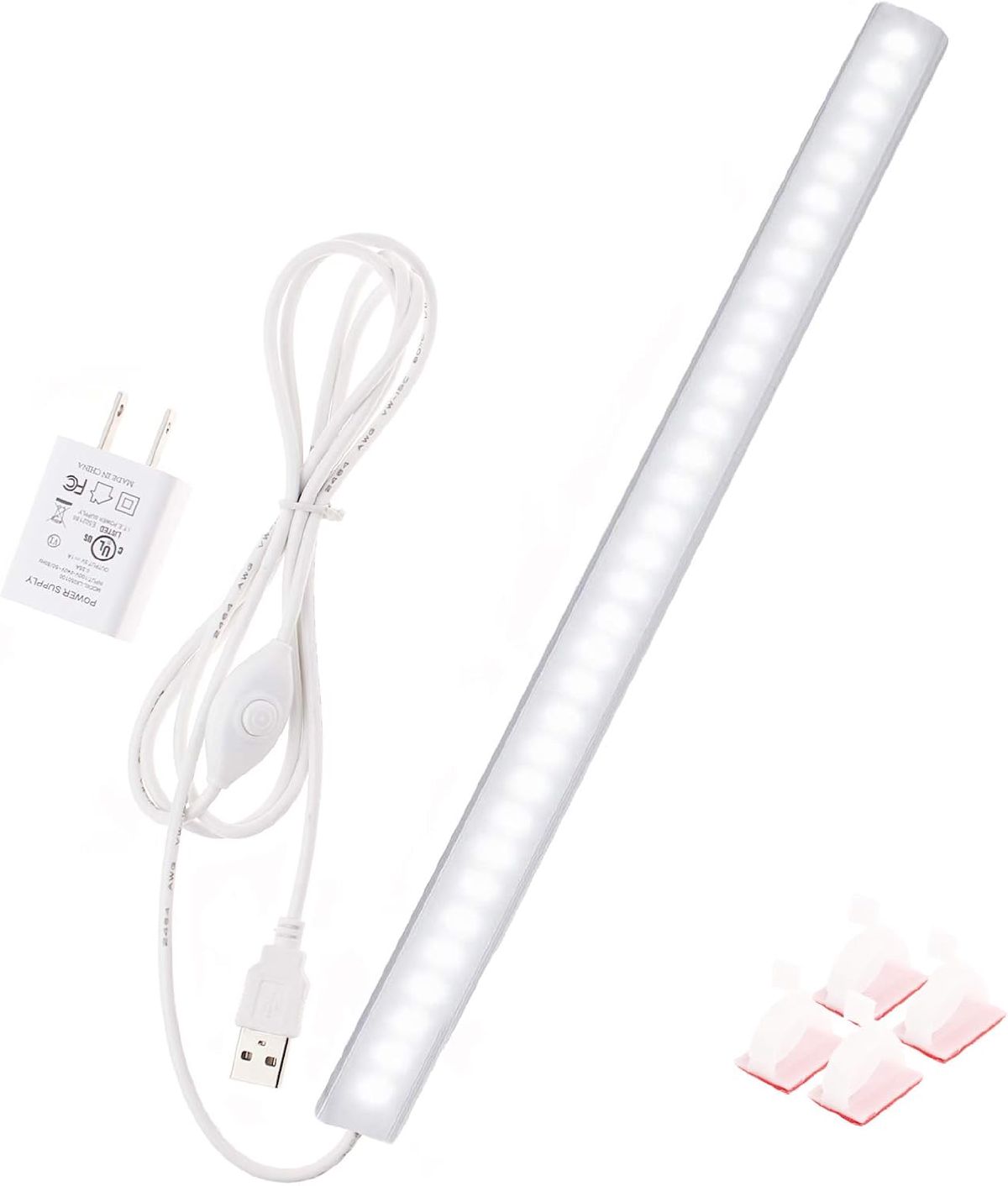 Slim plug-in LED under-cabinet light bar with adhesive backing and dimmer switch.