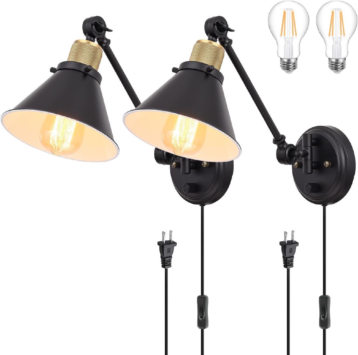 TRLIFE dimmable swing arm wall sconces with beige linen shades mounted beside bed for bedside reading light