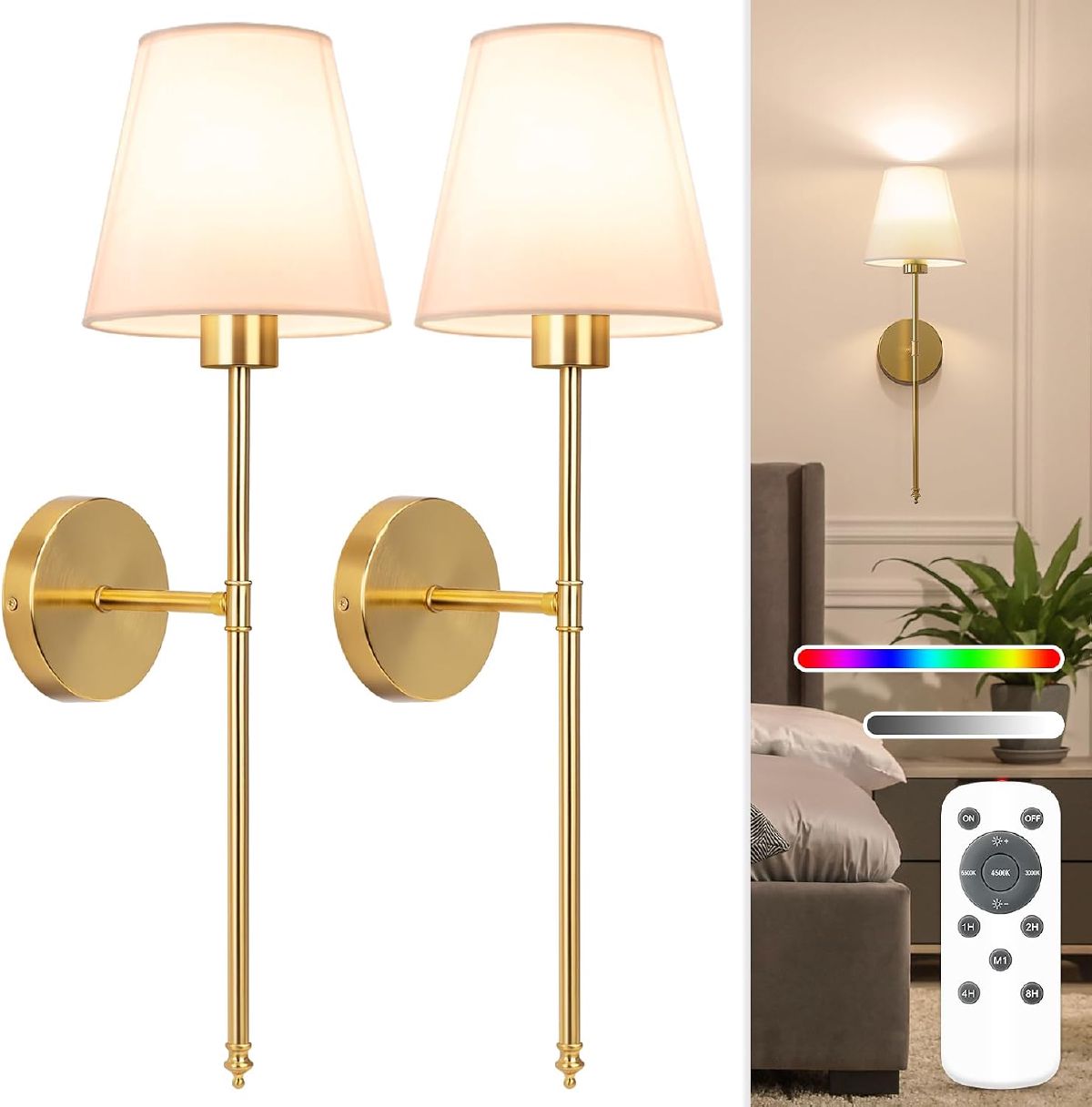 NIORSUN wireless battery operated wall sconce with gold finish and white fabric shade for bedroom