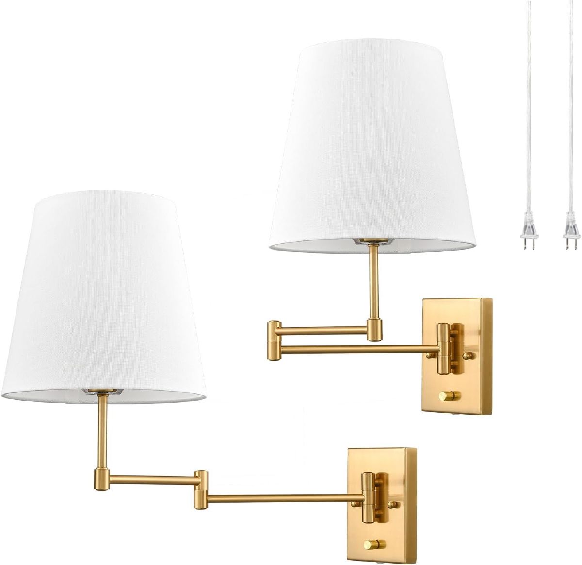 HYDELITE brass swing arm wall lamp with linen shade and adjustable arms for bedside reading