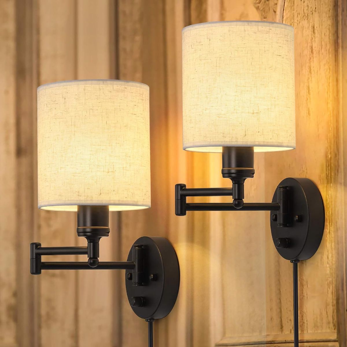 CADUKE matte black plug in wall sconces with linen shades and swing arms for bedroom lighting