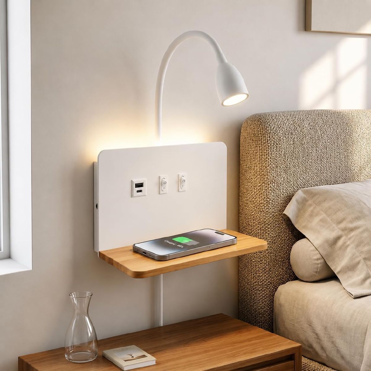 White bedside wall sconce with built-in shelf, 15W wireless charging pad, and flexible gooseneck reading light.