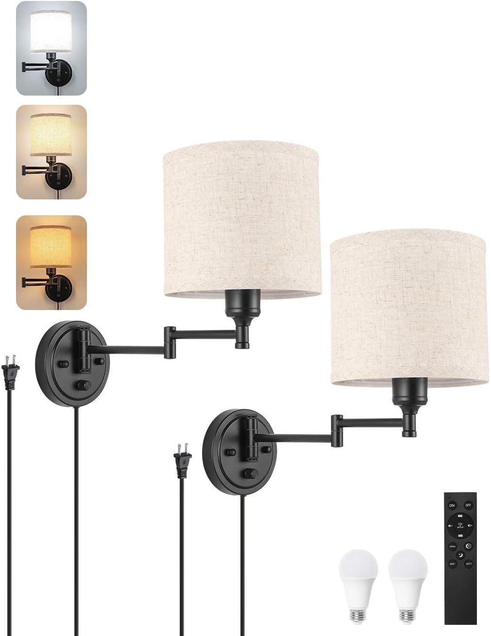 Plug in wall sconces with remote control featuring adjustable color temperature and dimming for bedroom