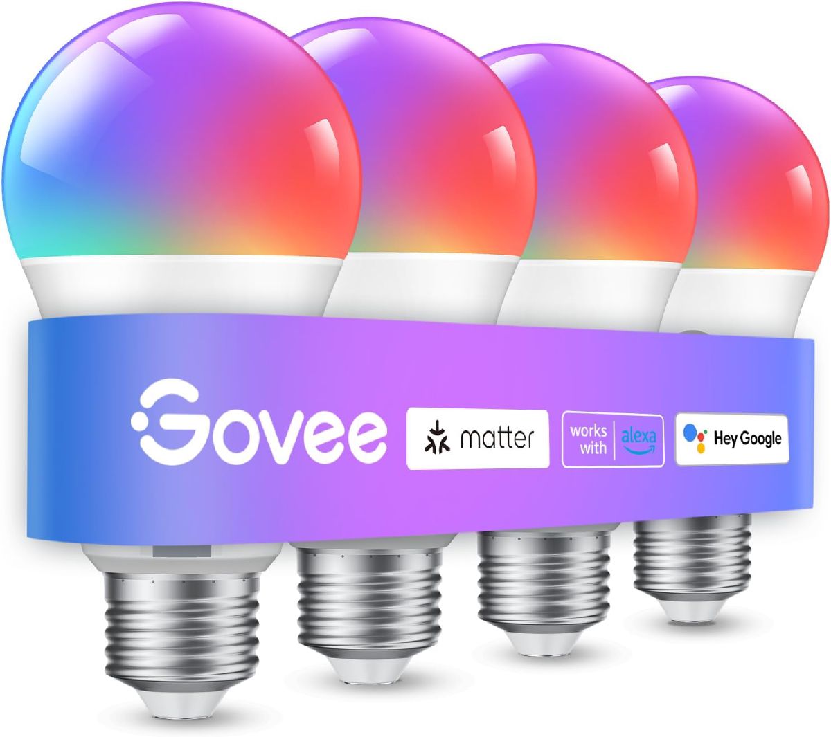 Govee A19 color-changing smart LED bulb, four-pack in retail packaging