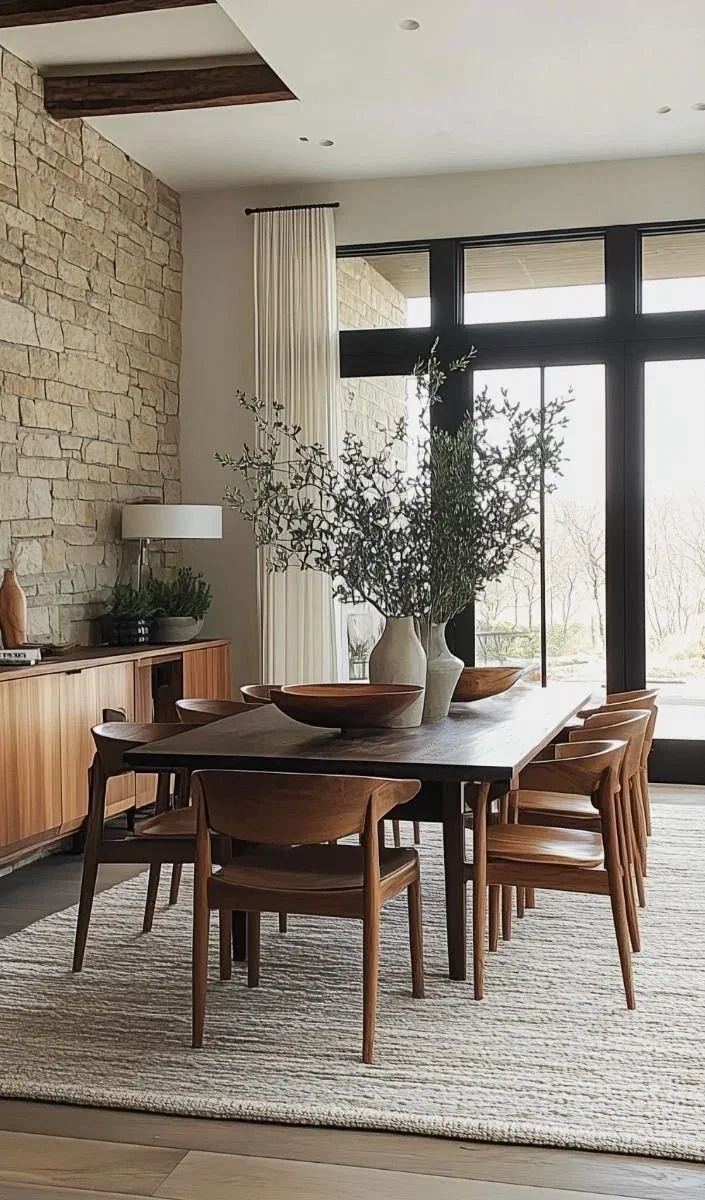 Modern farmhouse dining room featuring wood furniture