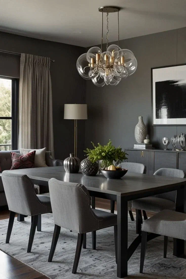 Modern gray dining room with statement chandelier