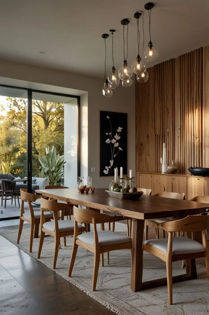 Modern dining room with long wooden table, chairs, and a wood-paneled wall