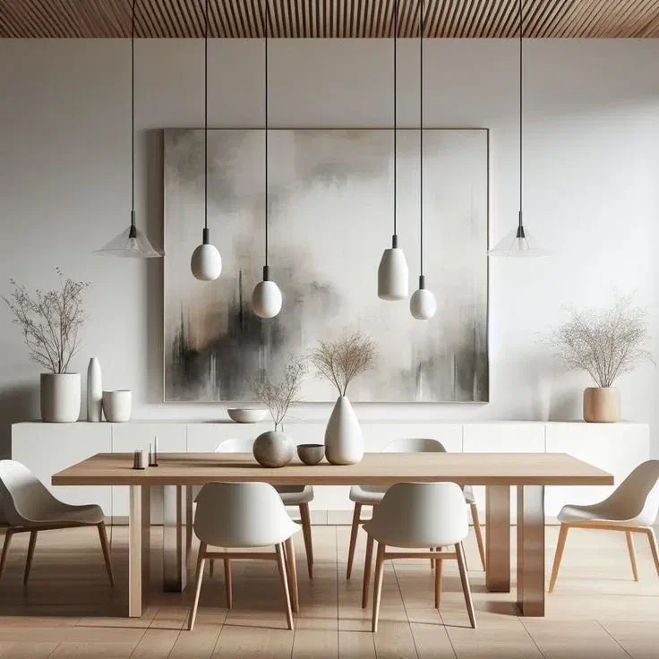 Modern dining room with a long wooden table, white chairs, and a large painting.