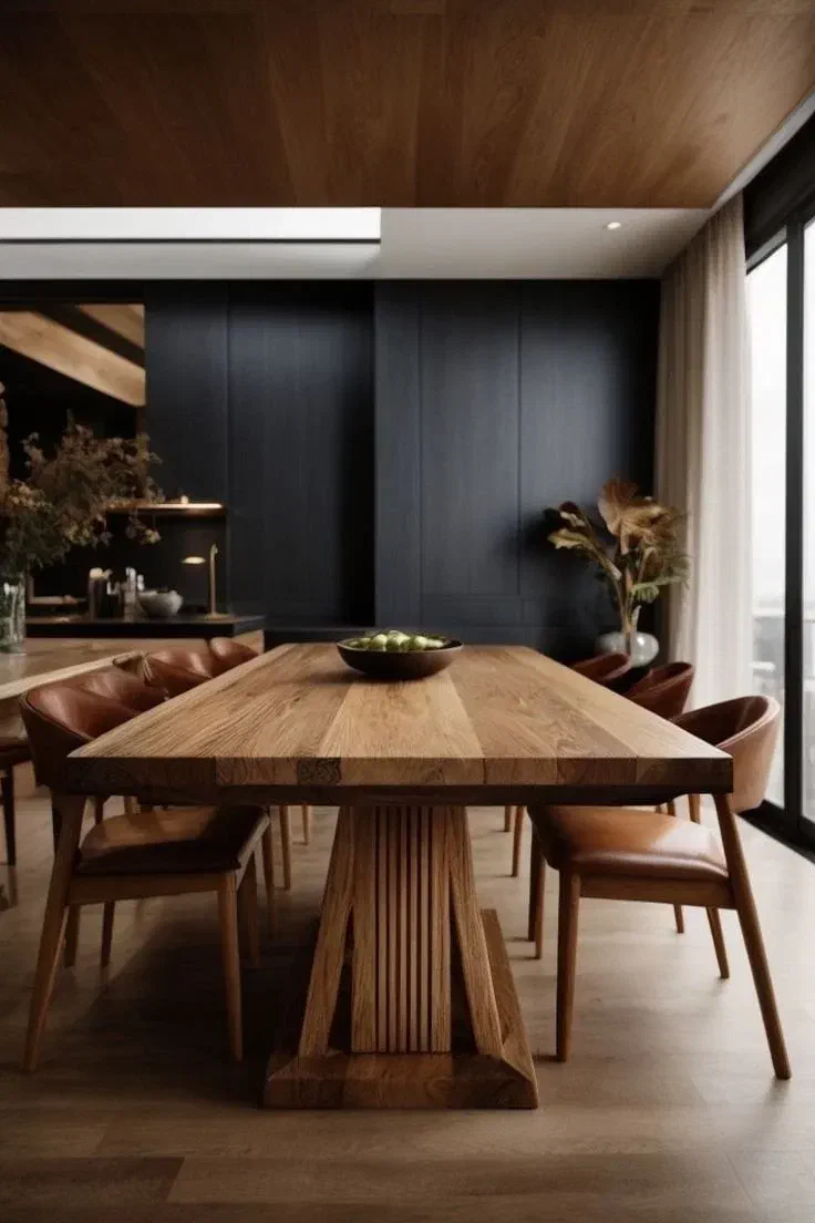 Modern dining room with a long wooden table, leather chairs, and a dark wall.