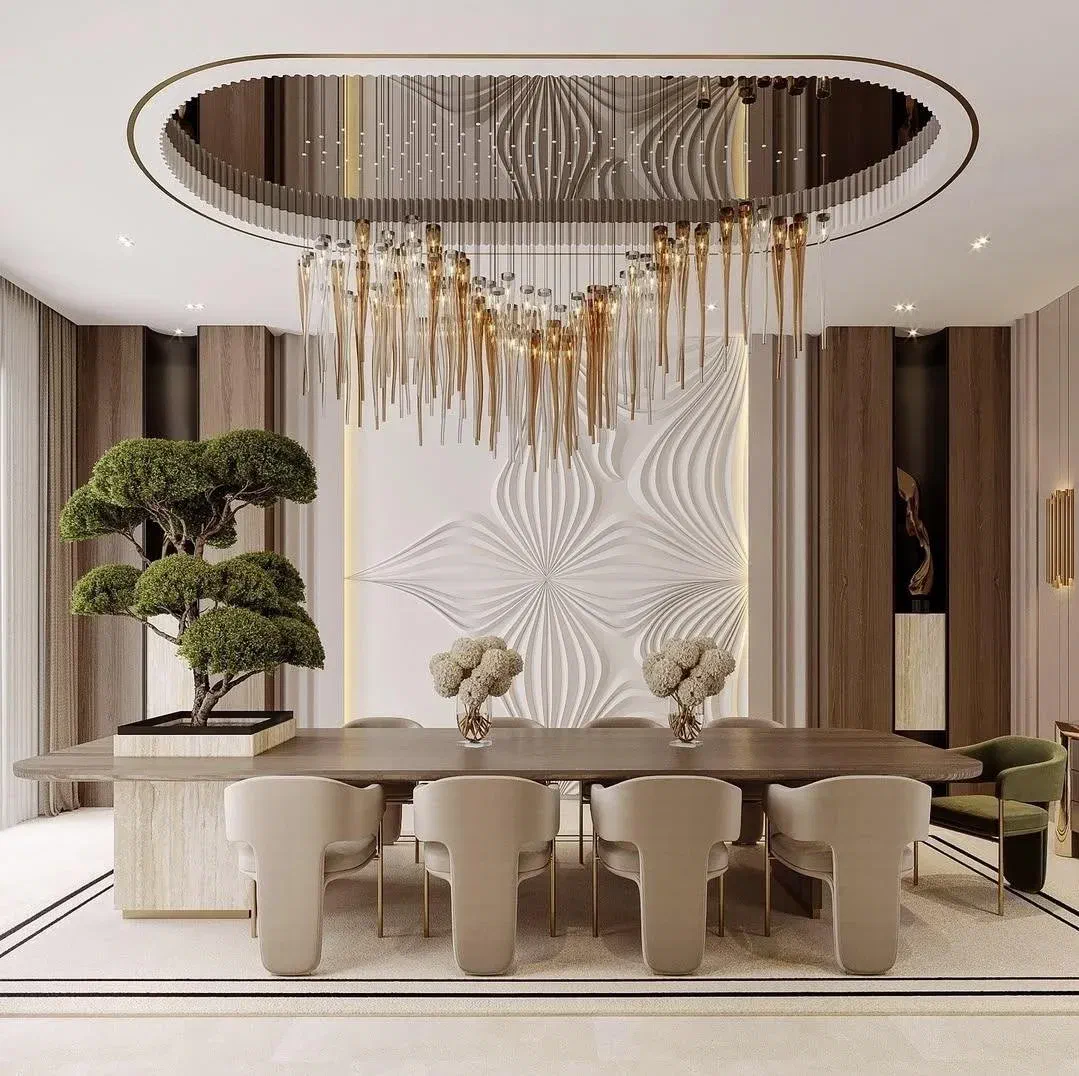 Modern dining room with a long wooden table, chairs, and a large chandelier.