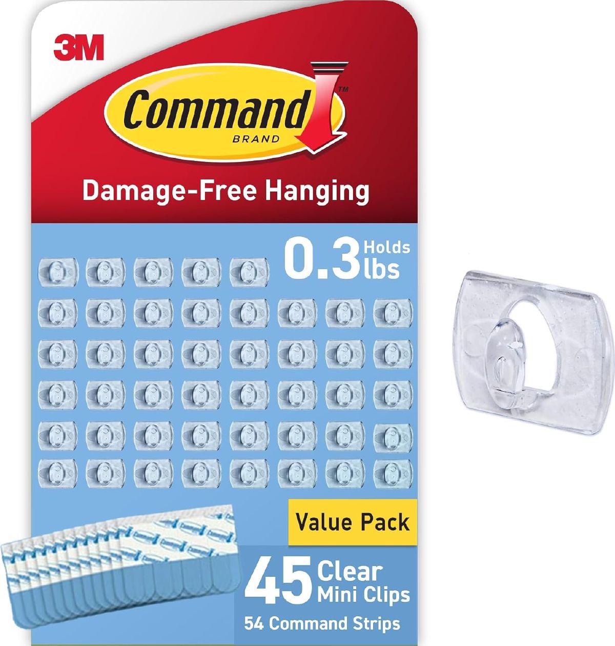 Command Clear Indoor Mini Light Clips value pack: 45 clear plastic clips and 54 adhesive strips, plus a close-up of one open clip