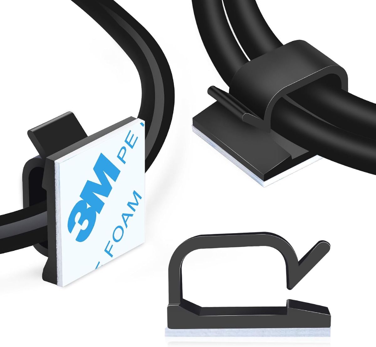 Black adhesive cable clips holding cords flush against a surface, shown open and closed with a cable running through