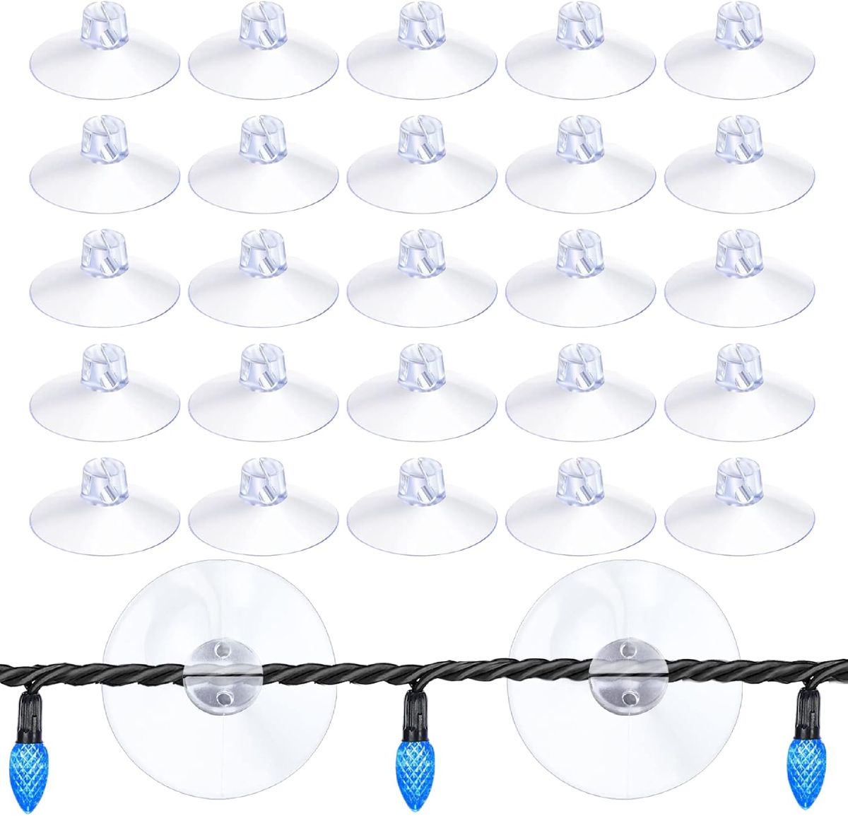 Clear suction cup hooks shown individually and holding a strand of blue-bulb string lights against glass