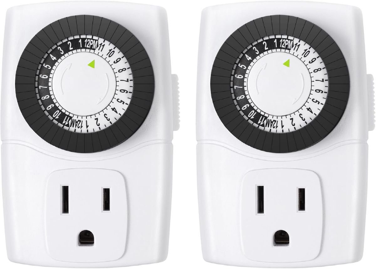 Two BN-LINK mechanical outlet timers with dial faces and grounded three-prong plugs