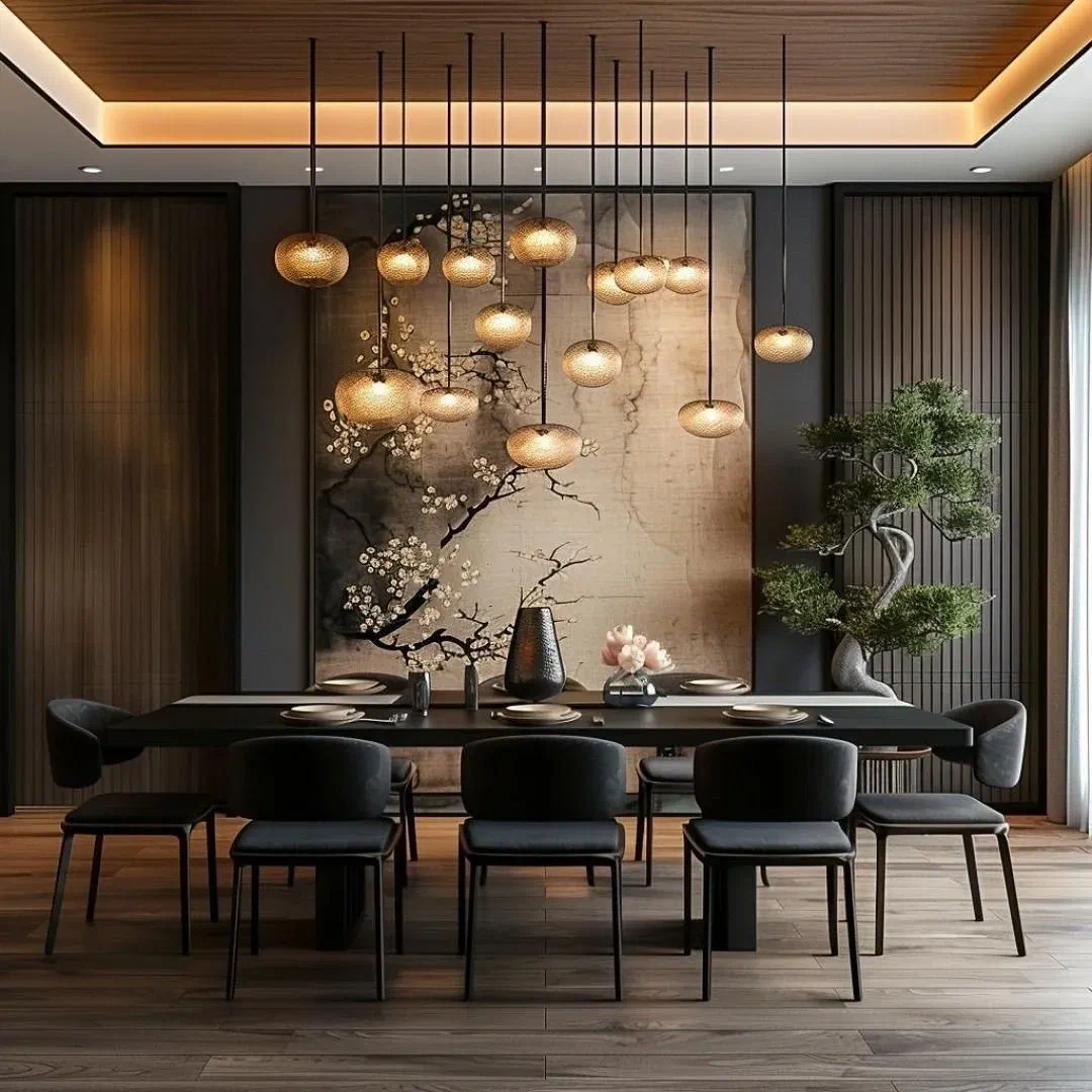 A luxurious and dramatic dining room with a large black dining table and chairs. A stunning chandelier features multiple gold-toned glass globe pendants hanging at varying heights over the table, with a large piece of floral art on the wall.