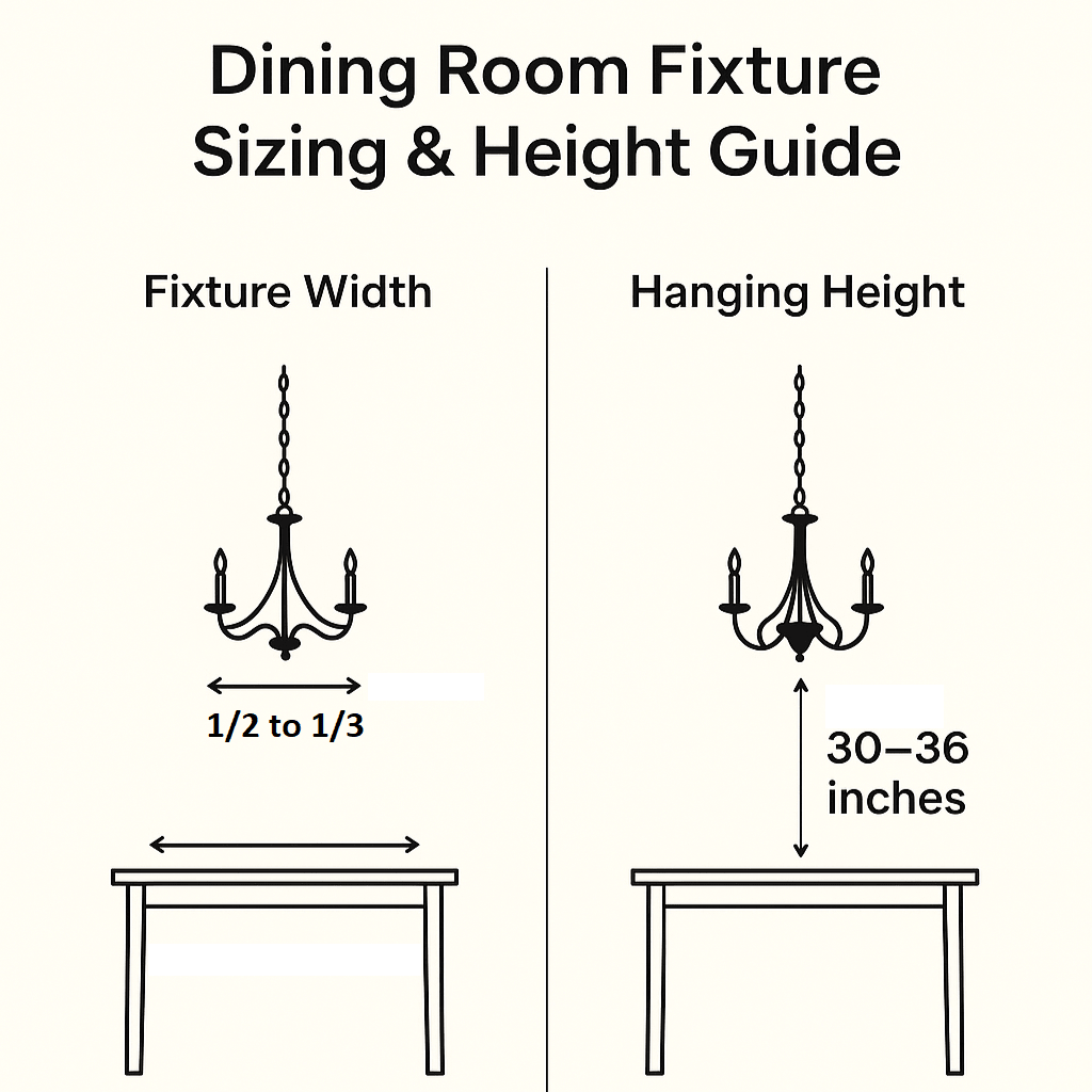 A simple diagram illustrating the recommended sizing and height for a dining room light fixture. The diagram shows the fixture width should be 1/2 to 2/3 the table width, and the hanging height should be 30-36 inches above the table.