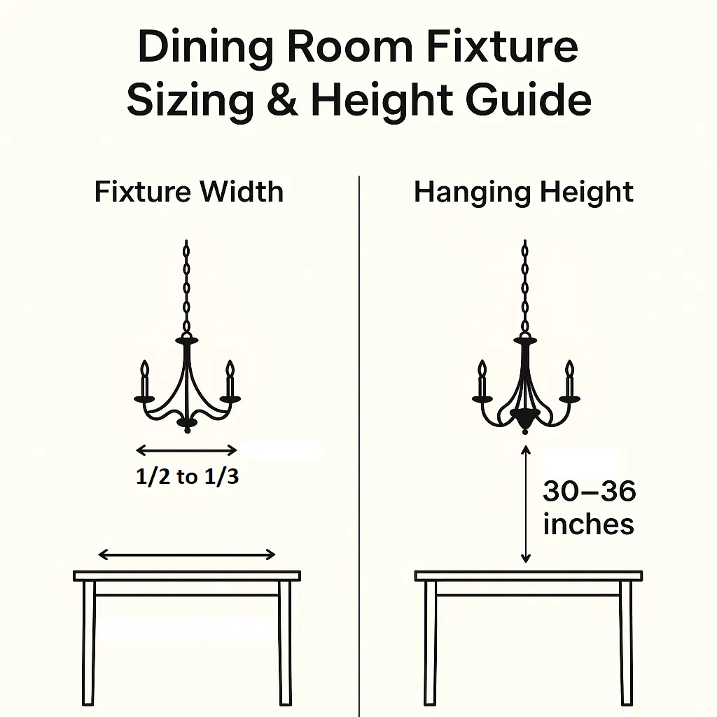 A simple diagram illustrating the recommended sizing and height for a dining room light fixture. The diagram shows the fixture width should be 1/2 to 2/3 the table width, and the hanging height should be 30-36 inches above the table.