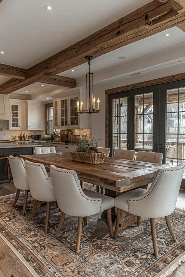 A rustic farmhouse dining room featuring a long wooden table with upholstered chairs. A black iron chandelier with candle-like bulbs hangs above the table, complementing the exposed wooden ceiling beams.