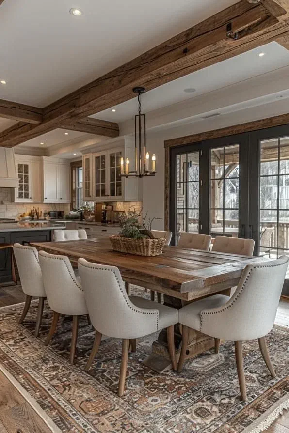 A rustic farmhouse dining room featuring a long wooden table with upholstered chairs. A black iron chandelier with candle-like bulbs hangs above the table, complementing the exposed wooden ceiling beams.
