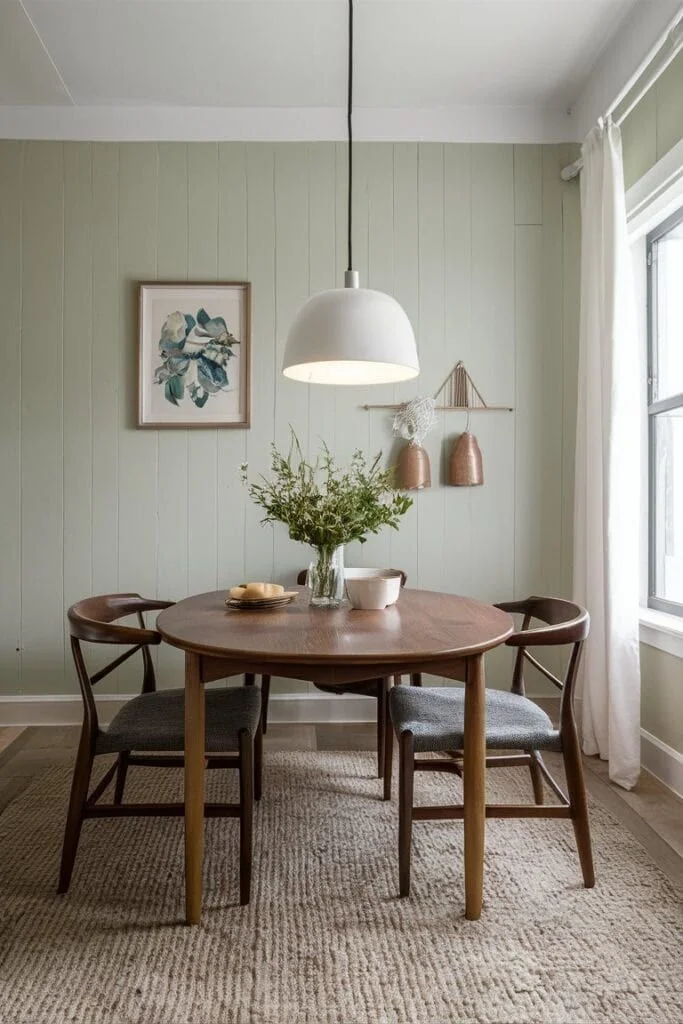 A small, cozy dining room with a round wooden table, two chairs, and a white modern pendant light hanging over the table. The walls are painted a soft sage green.