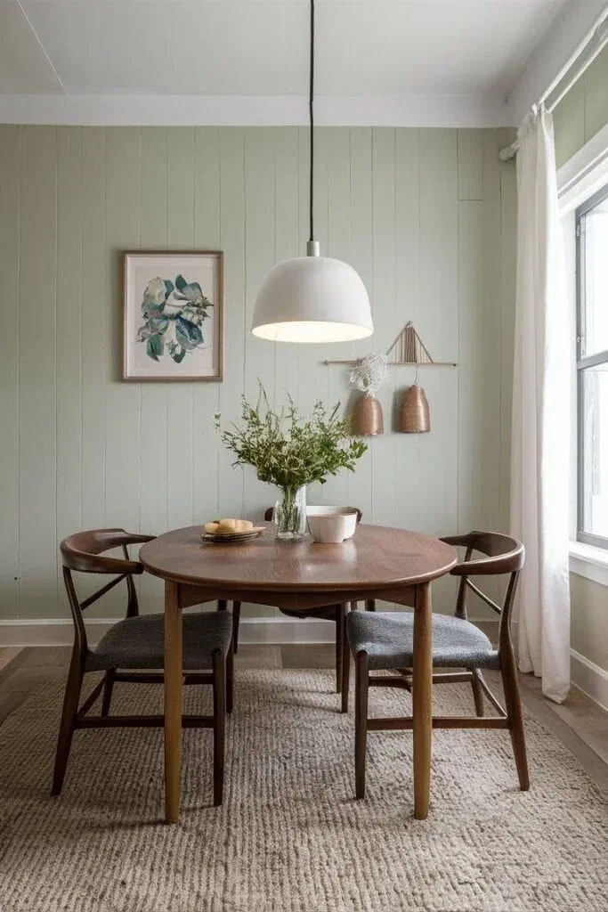 A small, cozy dining room with a round wooden table, two chairs, and a white modern pendant light hanging over the table. The walls are painted a soft sage green.