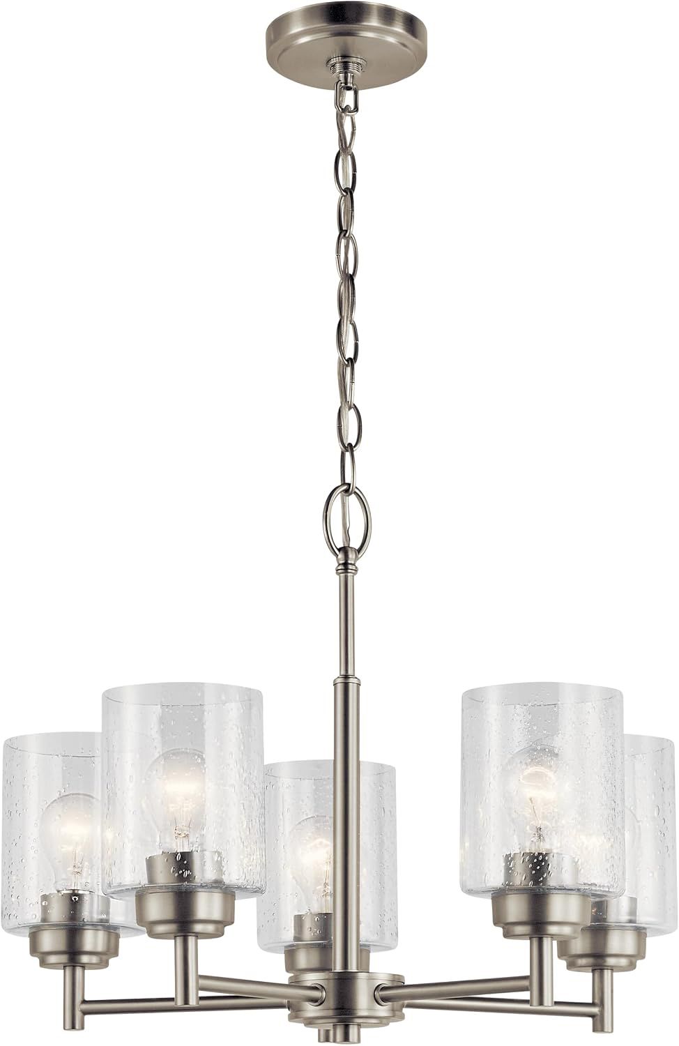 Kichler Winslow 5-Light Chandelier in brushed nickel with clear seeded glass shades, shown against a white background
