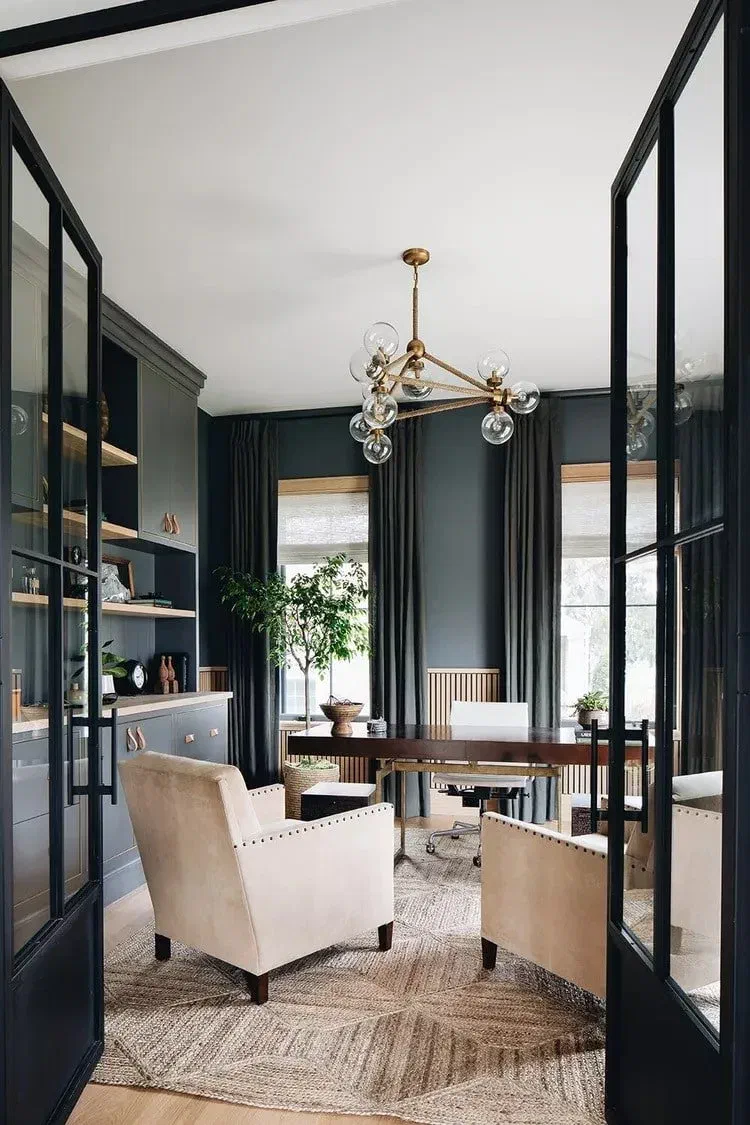 Choosing home office ceiling lighting: This room uses a modern chandelier with glass bulbs for a bright workspace.