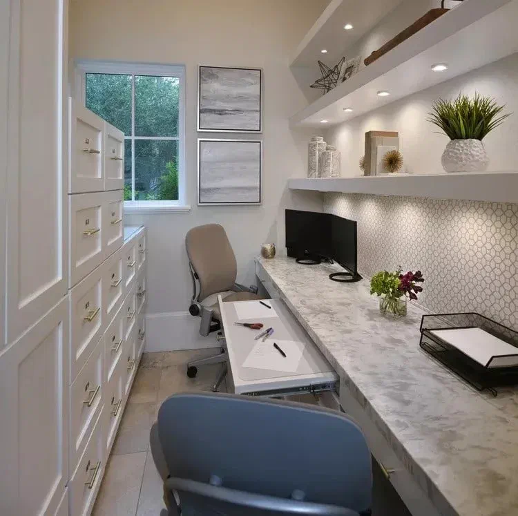 Budget-friendly LED lighting ideas for a home office, showing how to use under-shelf lights.