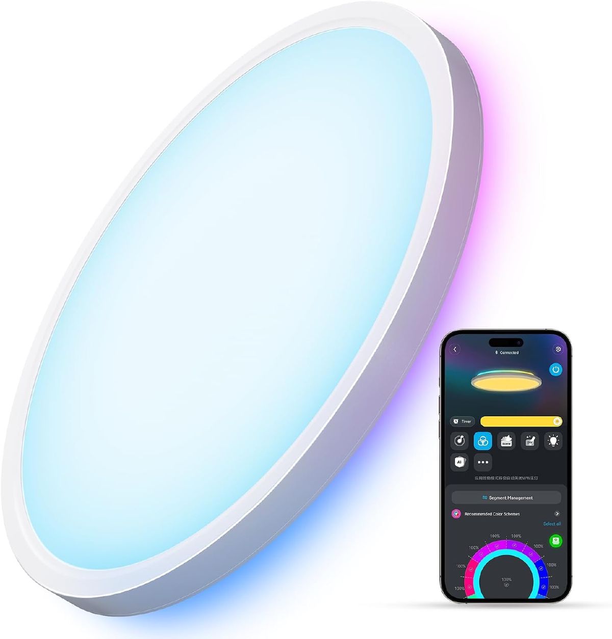 Govee smart LED flush ceiling light with tunable RGBIC color and app/voice control, mounted in a home office.