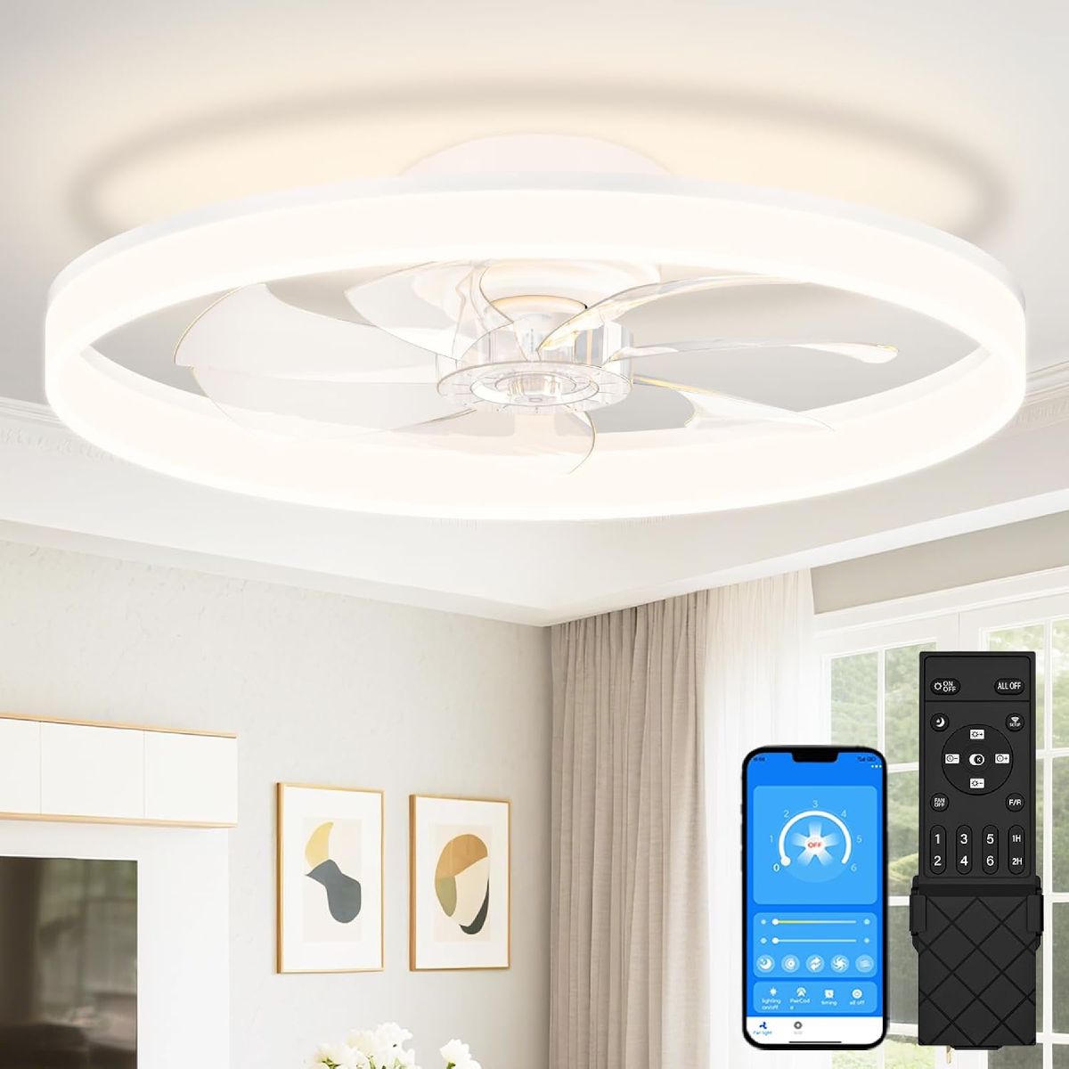 VOLISUN low-profile fandelier ceiling fan with LED light, remote control and 6 speeds, shown in white.
