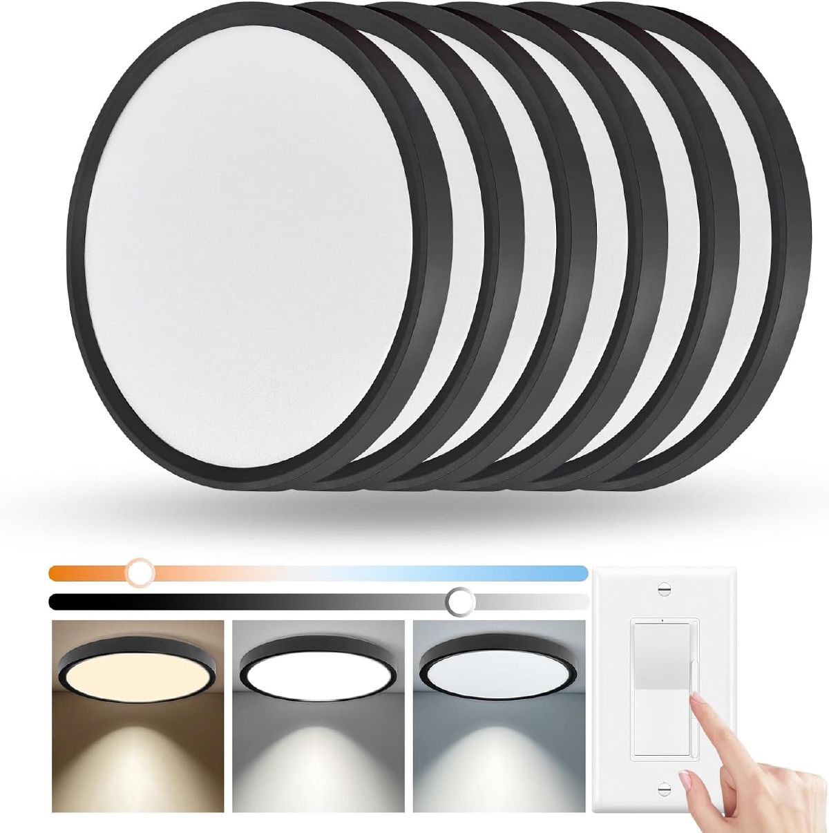 Six-pack of black low-profile LED flush mount ceiling lights, dimmable with 3 selectable color temperatures.