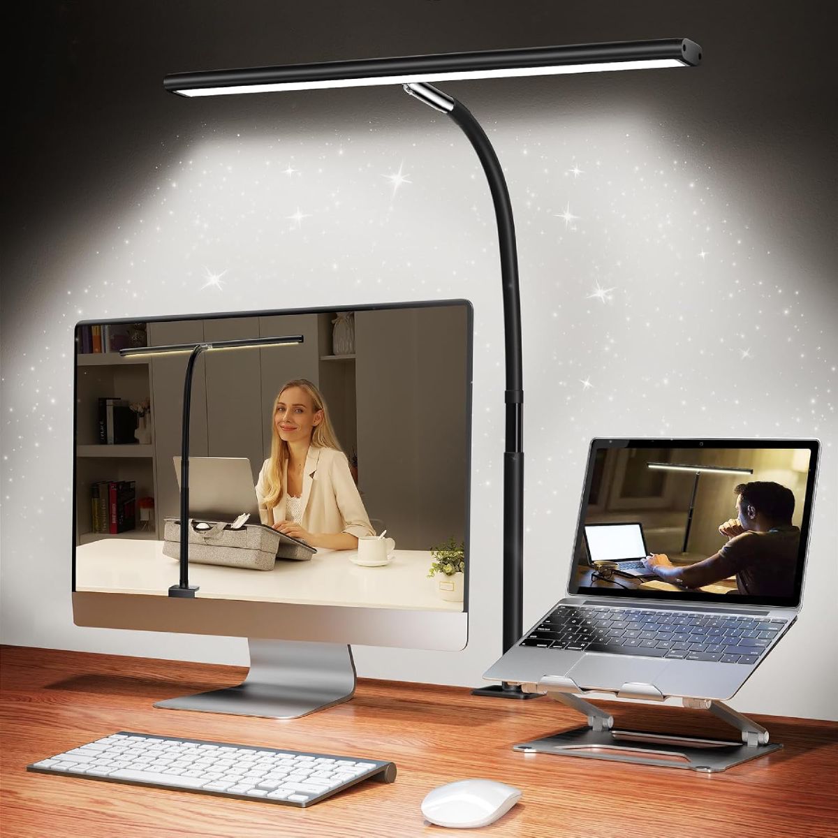 Airlonv LED desk lamp with clamp mounted on a desk edge, gooseneck extended
