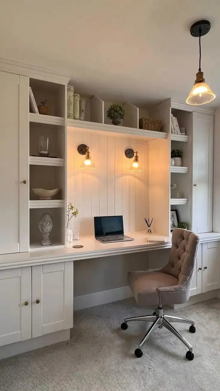 Home office with built-in desk and wall sconces, showing good lighting for video calls. Laptop on desk, soft chair, and warm lighting.