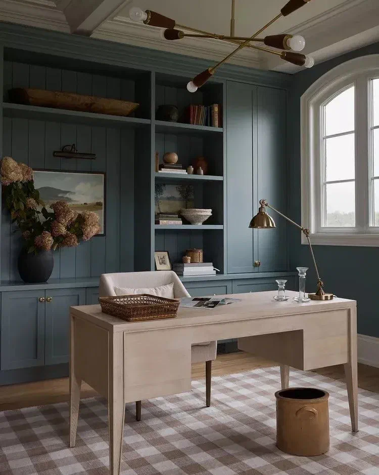 Home office with a desk placed near a window, showing how to set up your workspace for good lighting and productivity. Light-colored desk, blue shelves, and a patterned rug.