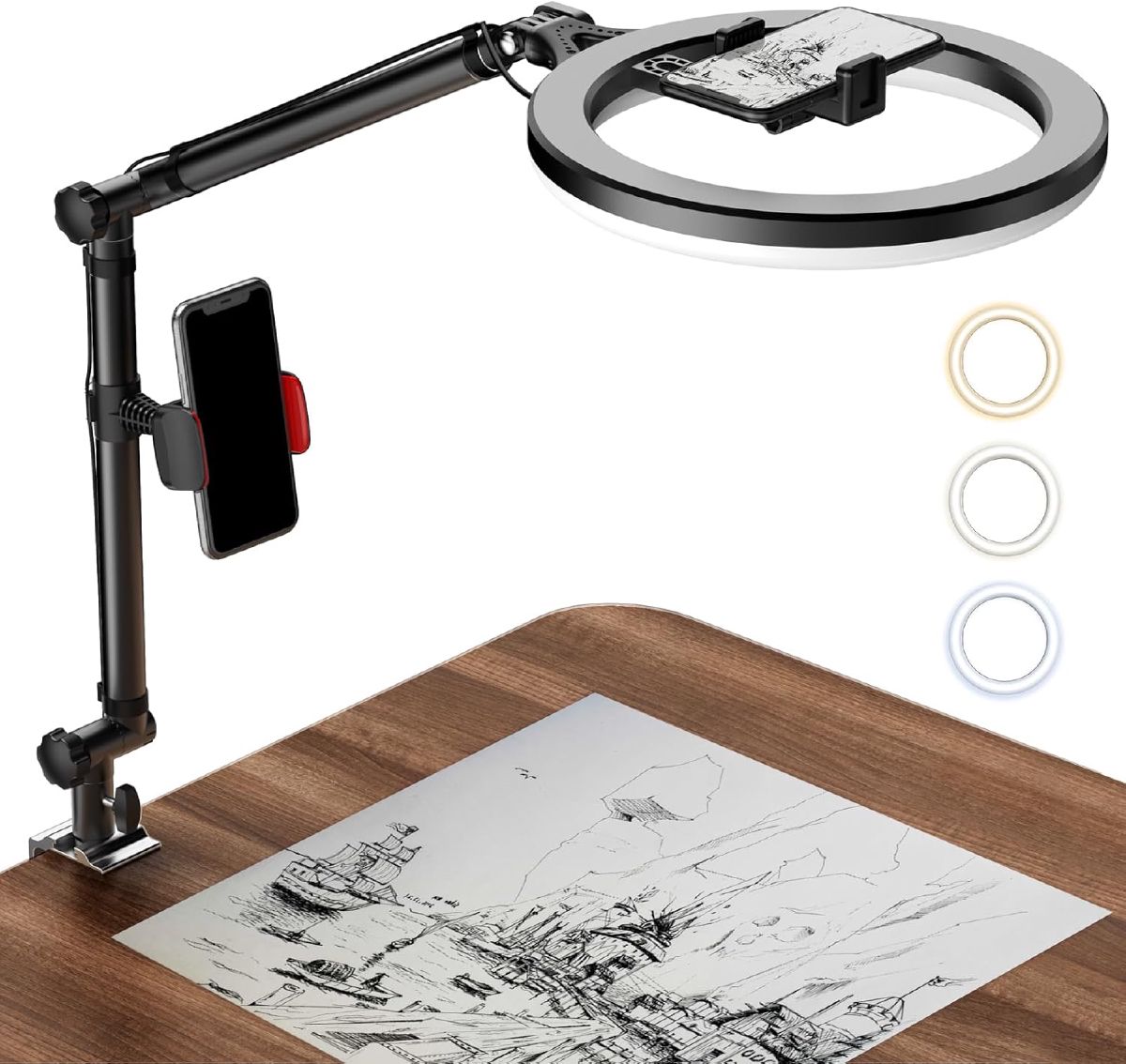 10-inch clamp-on LED ring light with phone holder, providing even front-facing light for video calls on a home office desk.