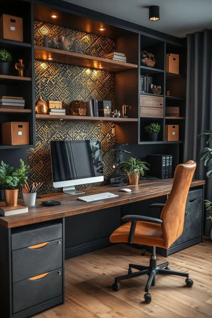Stylish home office with ambient lighting and elegant wooden desk