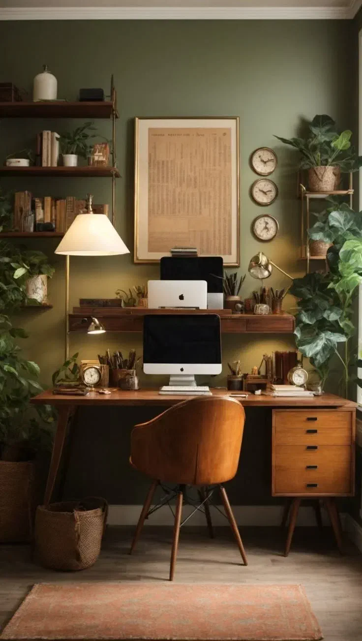 Stylish home office with layered lighting, featuring a table lamp, overhead fixture, and natural light