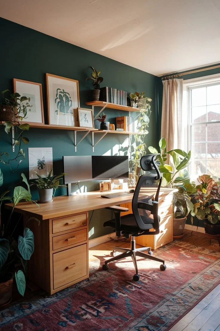Cozy home office with natural light, greenery, and wooden furniture