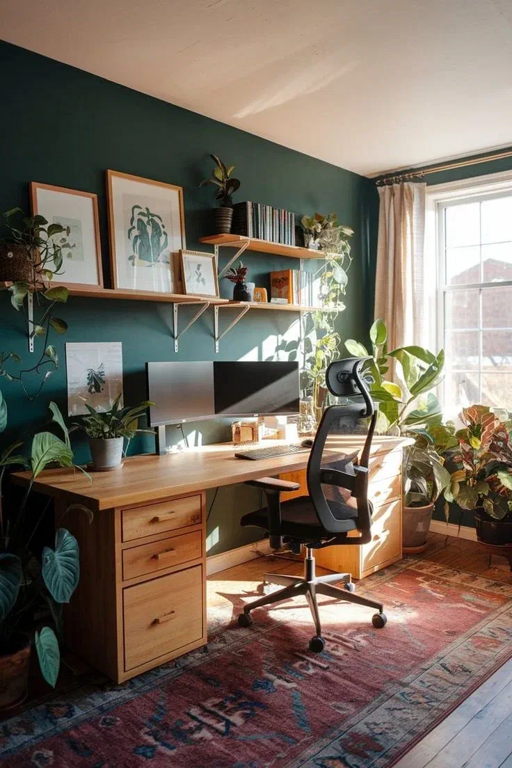 Cozy home office with natural light, greenery, and wooden furniture