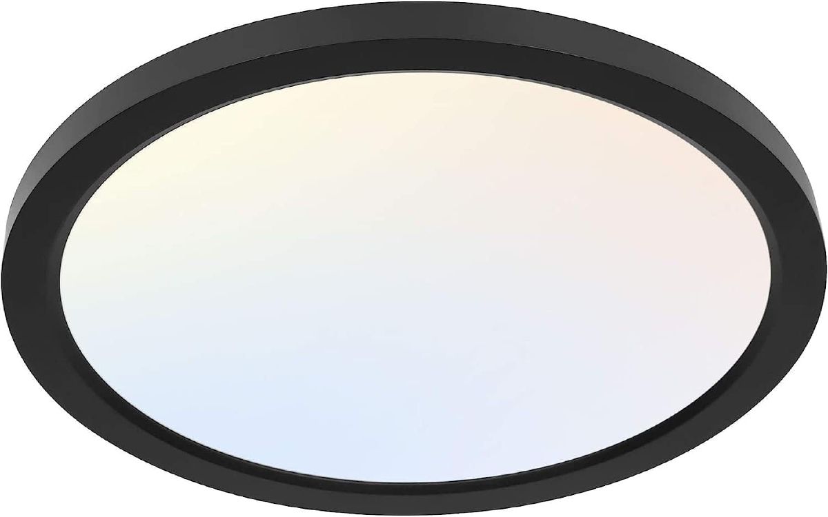 White 12-inch round LED flat panel flush mount ceiling light for a home office, shown against a white background