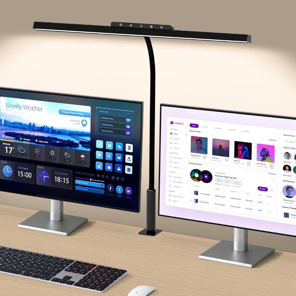 Black LED desk lamp with a flexible gooseneck and clamp mount, clipped to a desk edge for task lighting