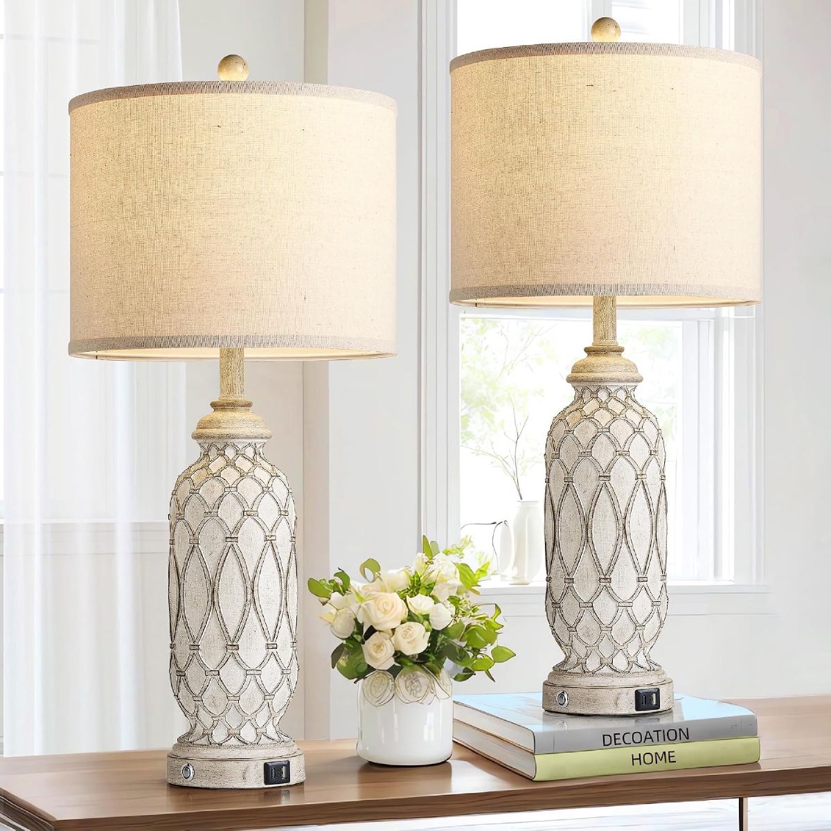 Farmhouse-style 28-inch bedside lamp set of two, resin body with linen shade and USB charging ports.